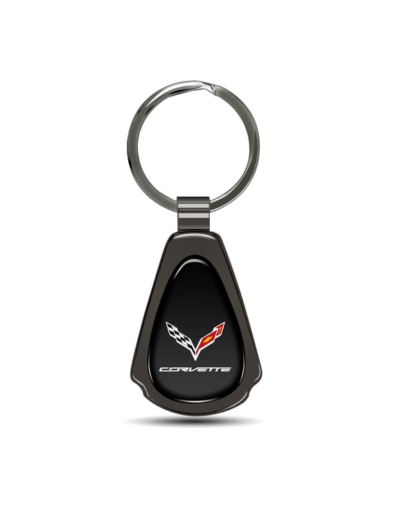 for Chevrolet Corvette C7 Black Dome Gunmetal Black Metal Teardrop Key Chain, Official Licensed