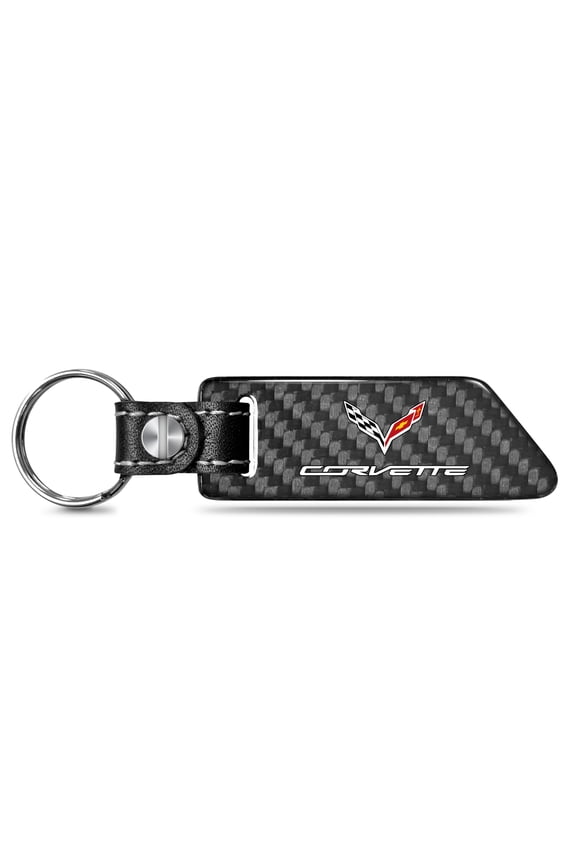 for Chevrolet Corvette C7 Black Real Carbon Fiber Blade Style with Black Leather Strap Key Chain, Official Licensed