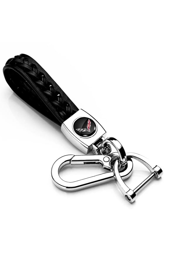 for Chevrolet Corvette C7 Braided Rope Style Genuine Black Leather Key Chain, Official Licensed