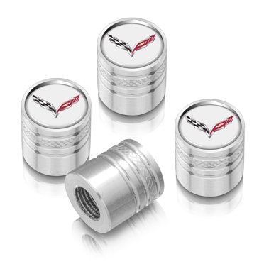 IPick Image Chevrolet Corvette C5 Logo Tire Valve Stem Caps – White On Silver Aluminum – Set Of 4