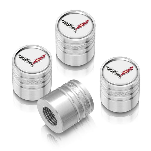 iPick Image for Chevrolet Corvette C7 Logo in White on Shining Silver Aluminum Cylinder-Style Tire Valve Stem Caps, Official Licensed