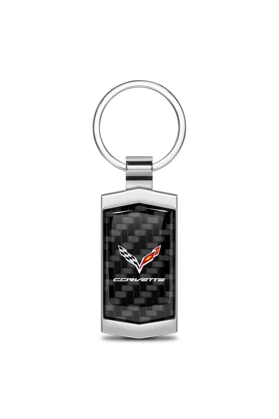 for Chevrolet Corvette C7 Real Black Carbon Fiber Chrome Metal Case Key Chain, Official Licensed