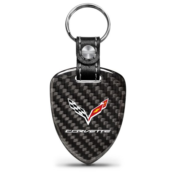 iPick Image for Chevrolet Corvette C7 Real Black Carbon Fiber Large Shield-Style Key Chain, Official Licensed