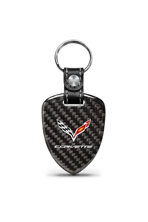 for Chevrolet Corvette C7 Real Black Carbon Fiber Large Shield-Style Key Chain, Official Licensed