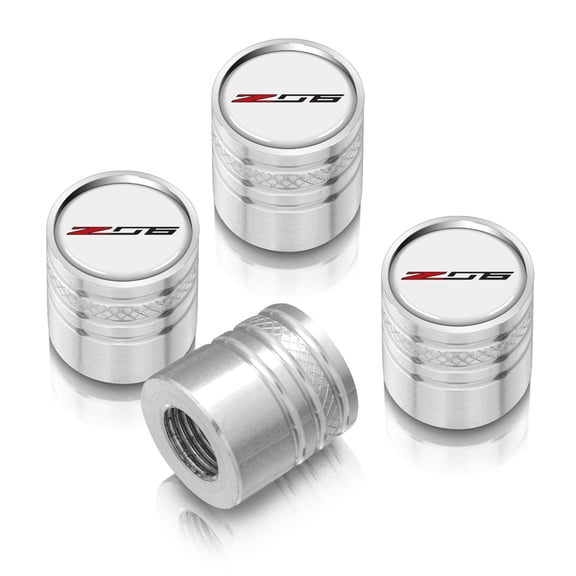 iPick Image for Chevrolet Corvette C7 Z06 Logo in White on Shining Silver Aluminum Cylinder-Style Tire Valve Stem Caps, Official Licensed
