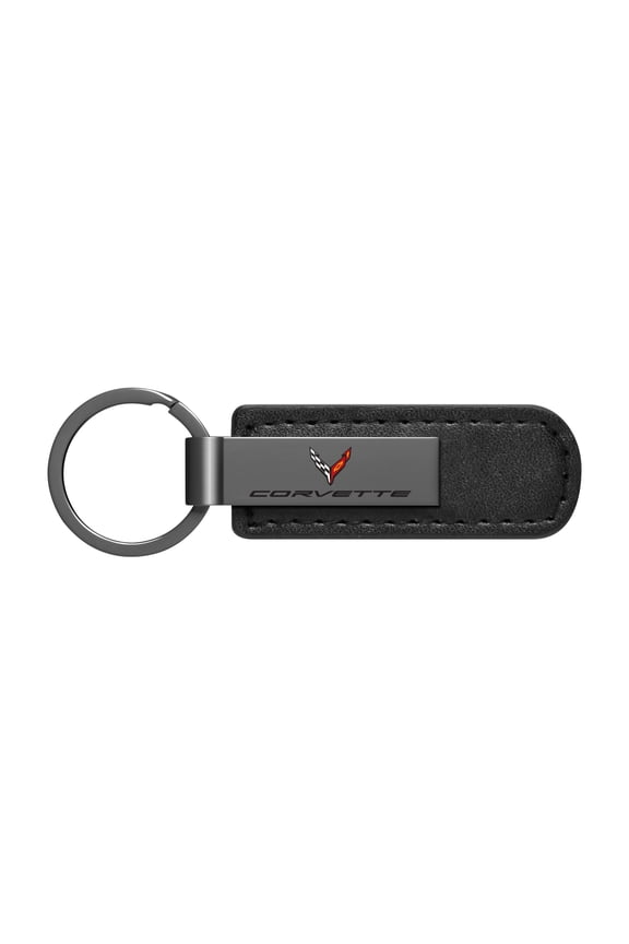 for Chevrolet Corvette C8 Black Chrome Metal Plate Black PU Leather Key Chain, Official Licensed