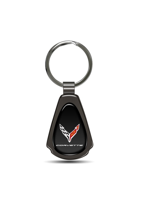 for Chevrolet Corvette C8 Black Dome Gunmetal Black Metal Teardrop Key Chain, Official Licensed