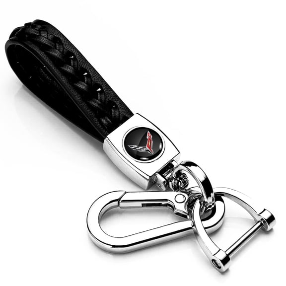 iPick Image for Chevrolet Corvette C8 Braided Rope Style Genuine Black Leather Key Chain, Official Licensed