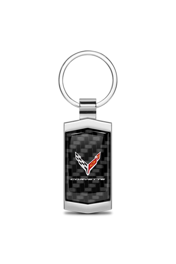 for Chevrolet Corvette C8 Real Black Carbon Fiber Chrome Metal Case Key Chain, Official Licensed