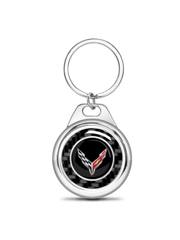 for Chevrolet Corvette C8 Real Black Carbon Fiber Chrome Roundel Metal Case Key Chain, Official Licensed