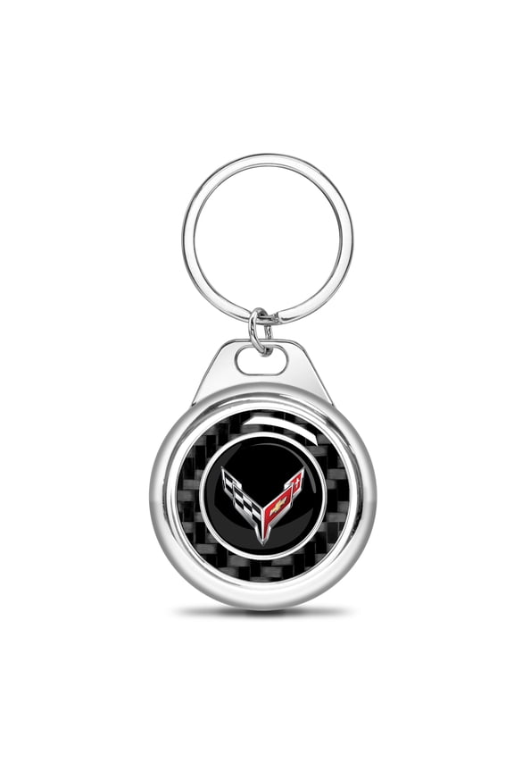 for Chevrolet Corvette C8 Real Black Carbon Fiber Chrome Roundel Metal Case Key Chain, Official Licensed