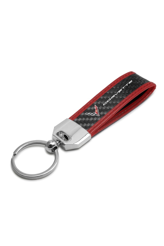 for Chevrolet Corvette C8 Real Carbon Fiber Strap with Red Leather Stitching Edge Key Chain, Official Licensed