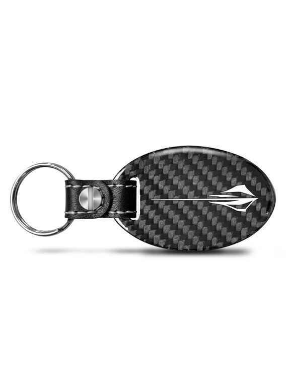 for Chevrolet Corvette C8 Stingray Black Real Carbon Fiber Oval Shape with Black Leather Strap Key Chain, Official Licensed