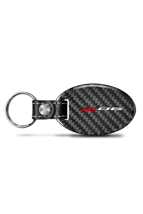 for Chevrolet Corvette C8 Z06 Black Real Carbon Fiber Oval Shape with Black Leather Strap Key Chain, Official Licensed