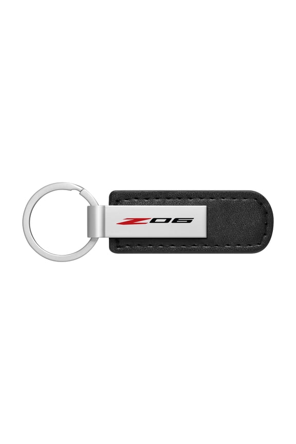for Chevrolet Corvette C8 Z06 Silver Metal Plate Black PU Leather Strap Key Chain, Official Licensed