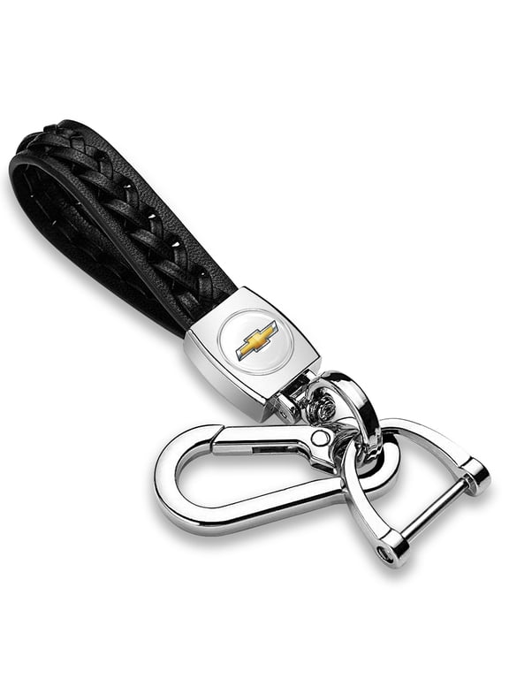 for Chevrolet Golden Logo Braided Rope Style Genuine Black Leather Key Chain, Official Licensed