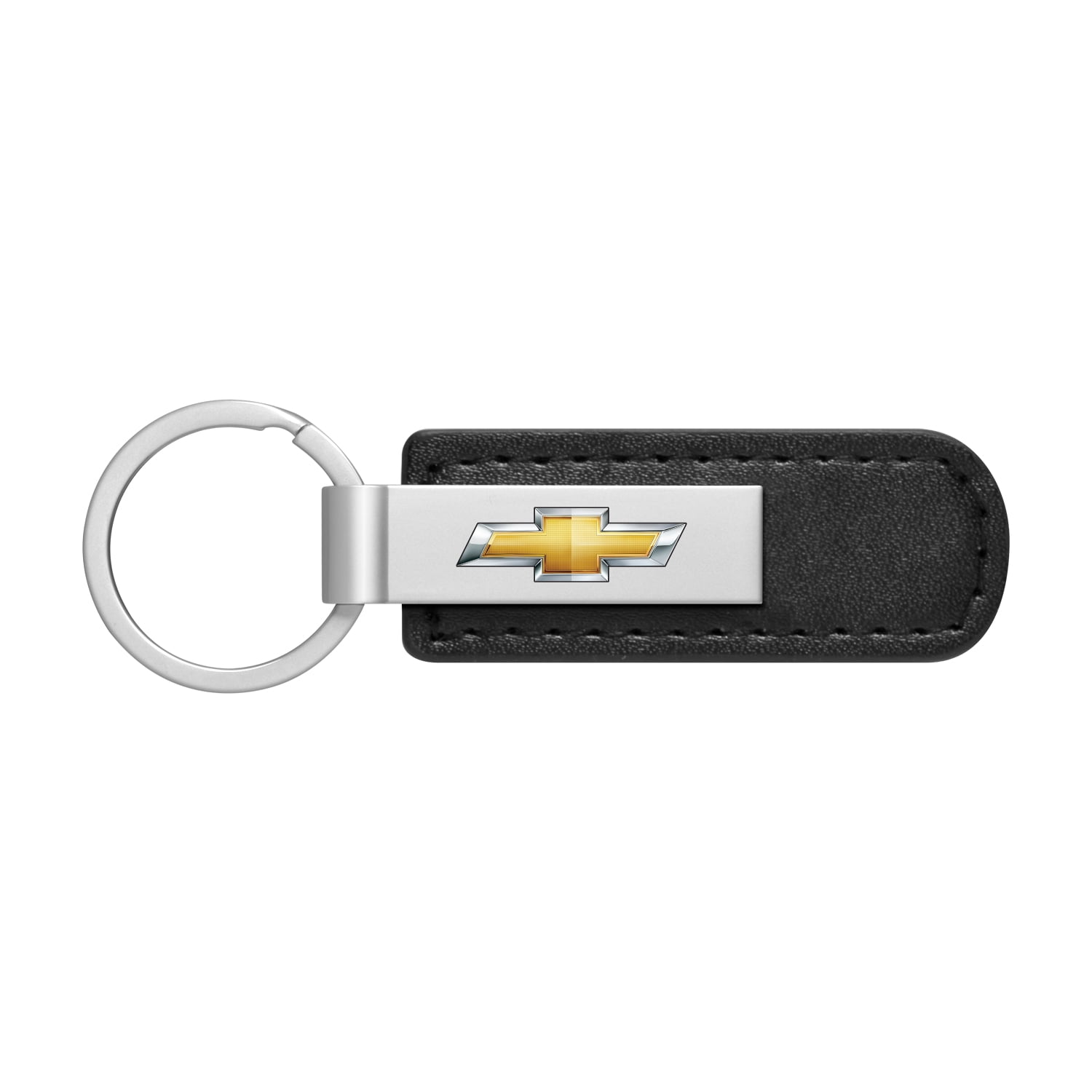 iPick Image for Chevrolet Golden Logo Silver Metal Plate Black PU Leather Strap Key Chain, Official Licensed