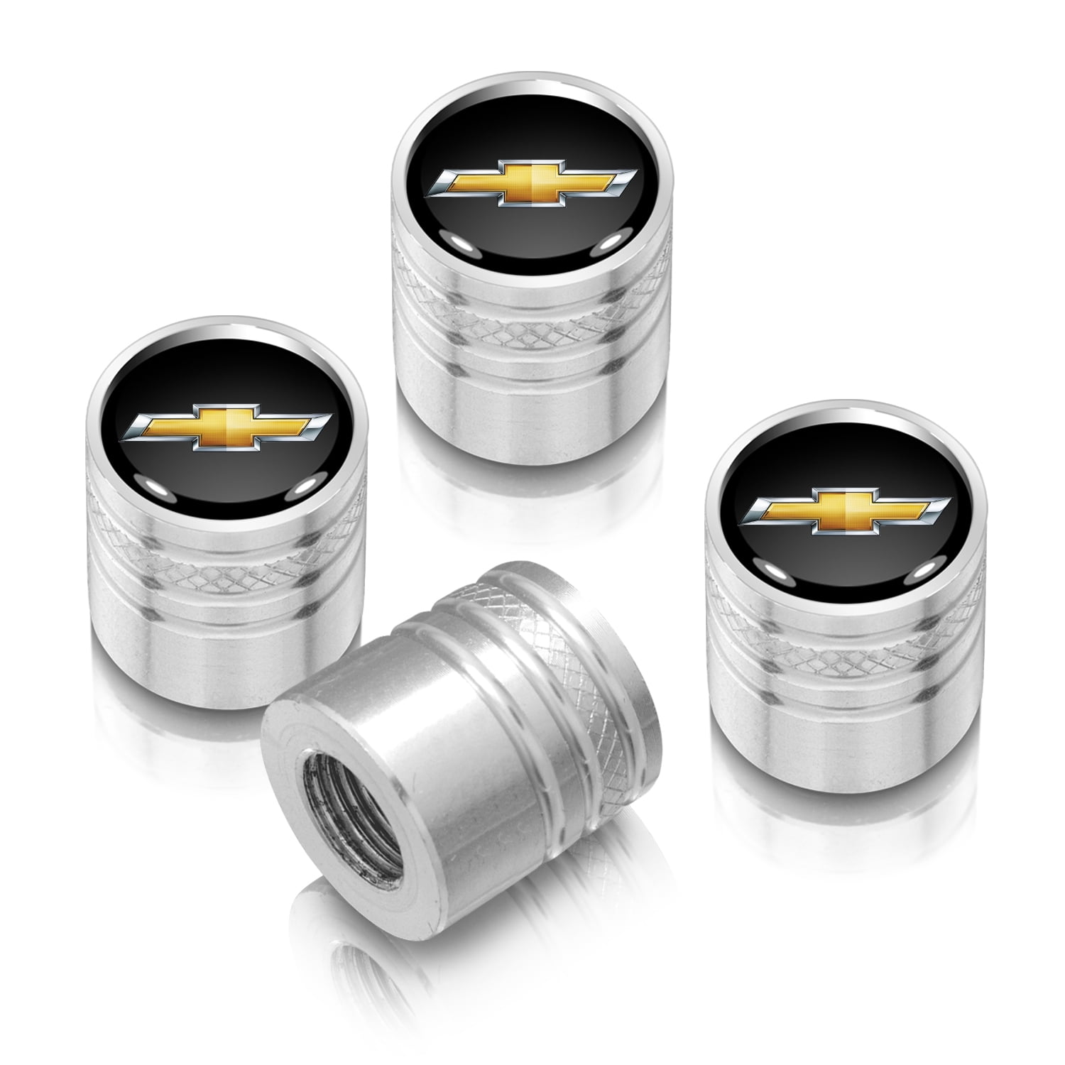 iPick Image for Chevrolet Golden Logo in Black on Shining Silver Aluminum Cylinder-Style Tire Valve Stem Caps, Official Licensed