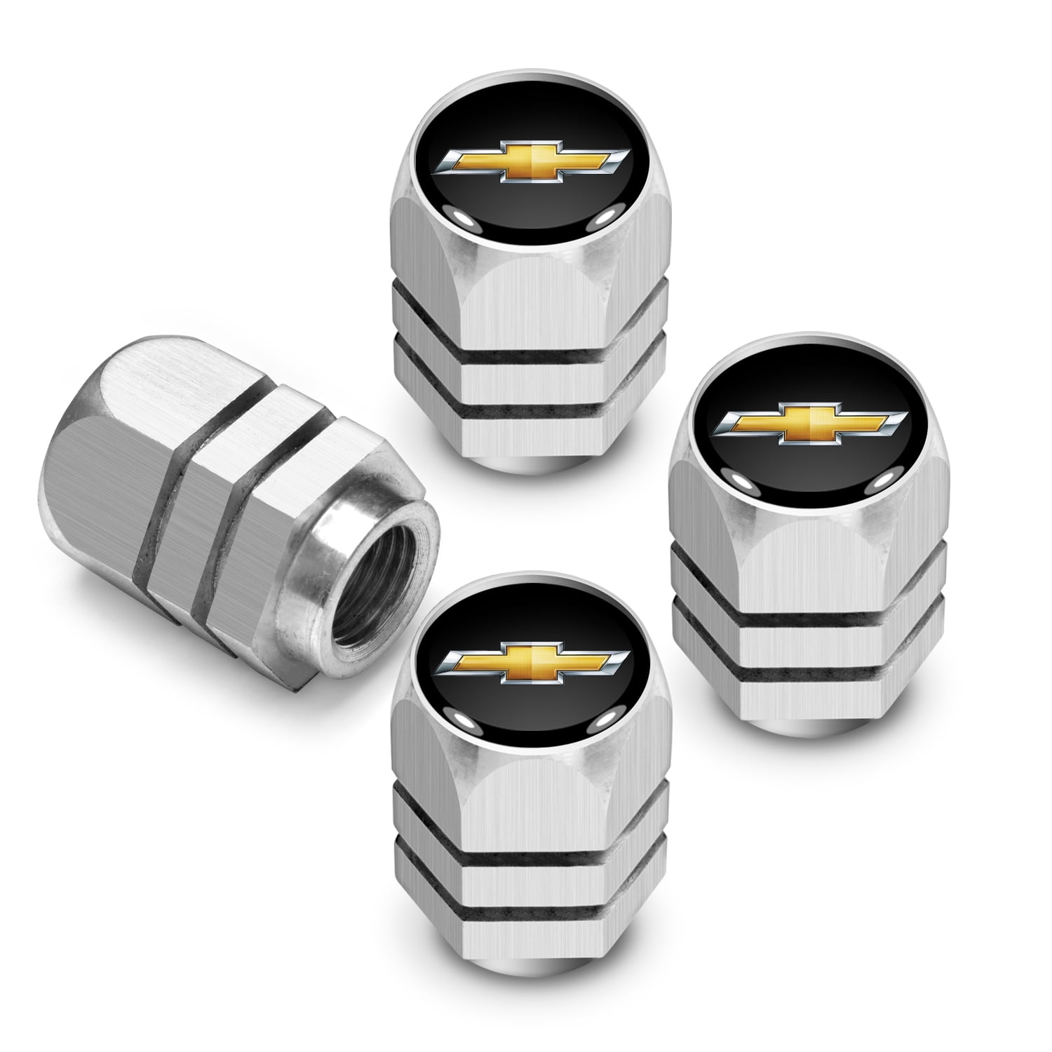 iPick Image for Chevrolet Golden Logo in Black on Silver Hexagon Shape Aluminum Tire Valve Stem Caps, Official Licensed