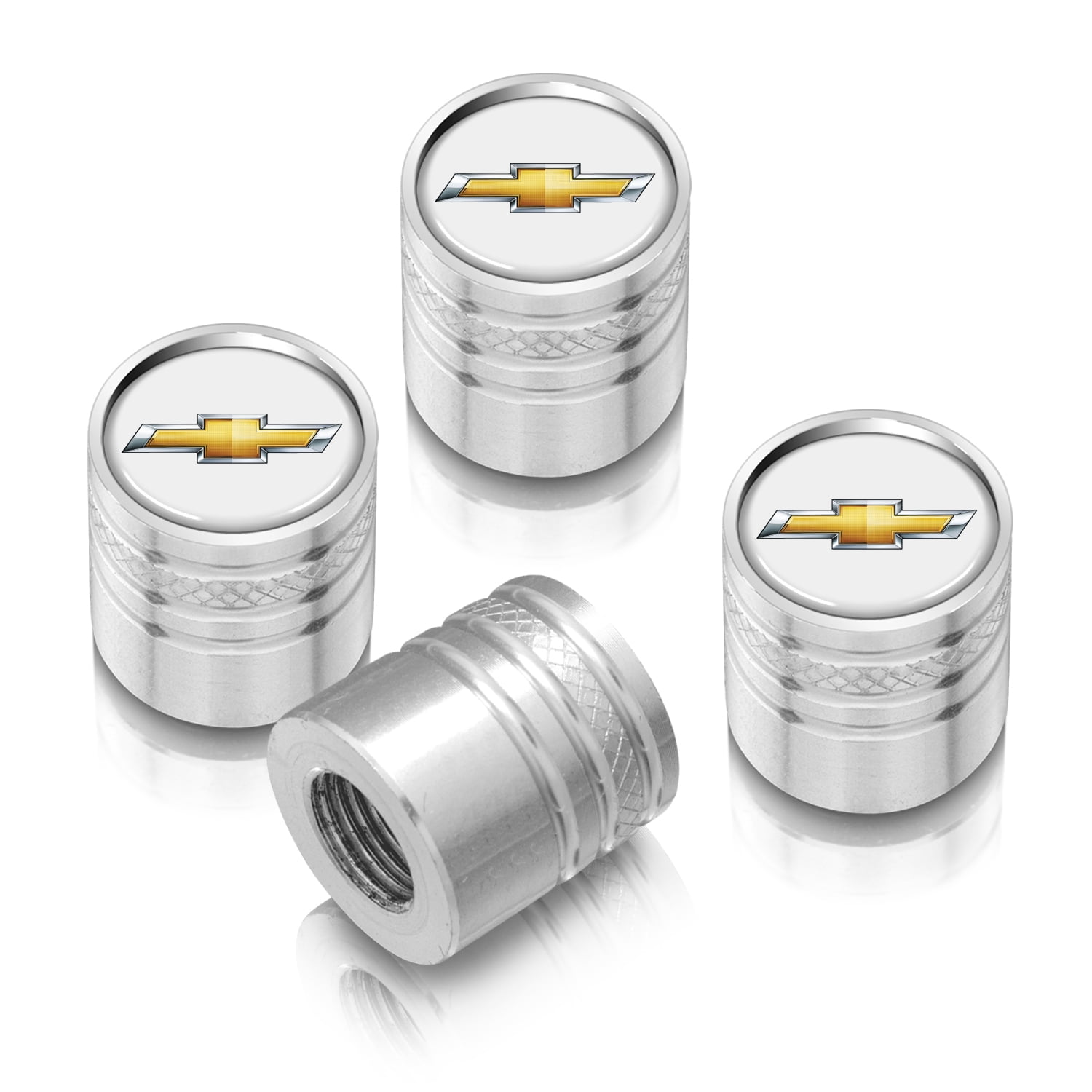 iPick Image for Chevrolet Golden Logo in White on Shining Silver Aluminum Cylinder-Style Tire Valve Stem Caps, Official Licensed