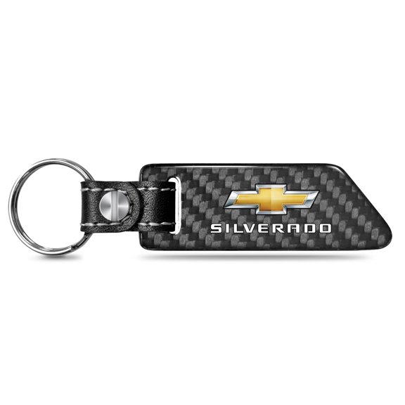 iPick Image for Chevrolet Silverado Black Real Carbon Fiber Blade Style with Black Leather Strap Key Chain, Official Licensed