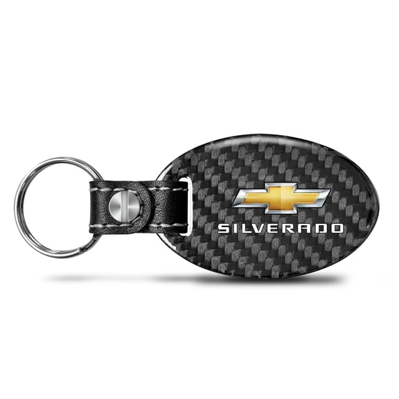 iPick Image for Chevrolet Silverado Black Real Carbon Fiber Oval Shape with Black Leather Strap Key Chain, Official Licensed