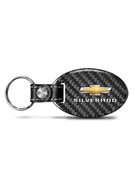 for Chevrolet Silverado Black Real Carbon Fiber Oval Shape with Black Leather Strap Key Chain, Official Licensed