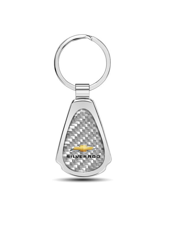 for Chevrolet Silverado Real Silver Dome Carbon Fiber Chrome Metal Teardrop Key Chain, Official Licensed