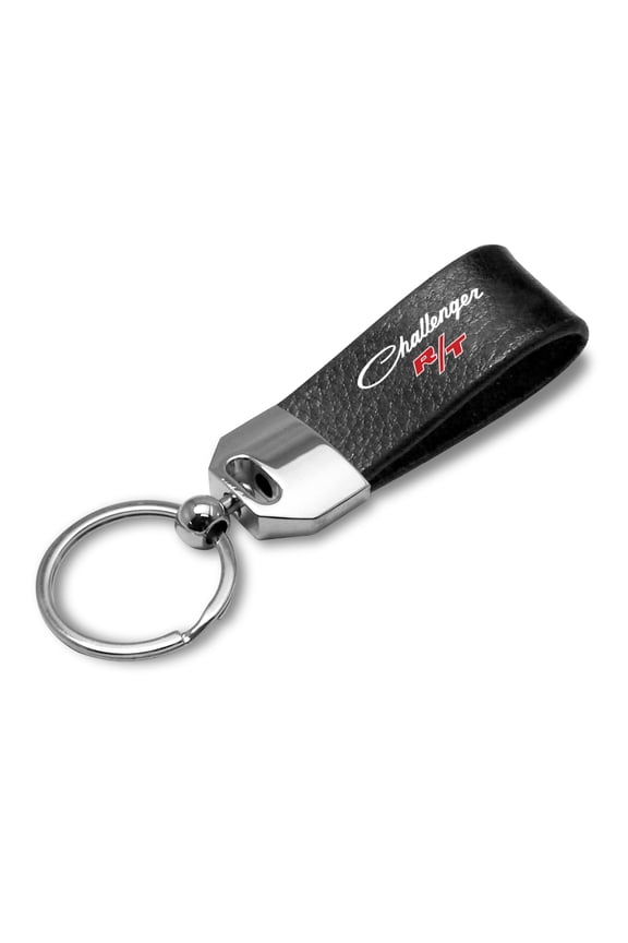 for Dodge Challenger R/T Classic Black Real Leather Loop Strap Chrome Metal Key Chain, Official Licensed