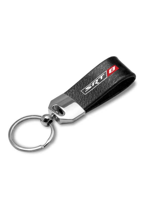 for Dodge SRT-8 Logo Black Real Leather Loop Strap Chrome Metal Key Chain, Official Licensed