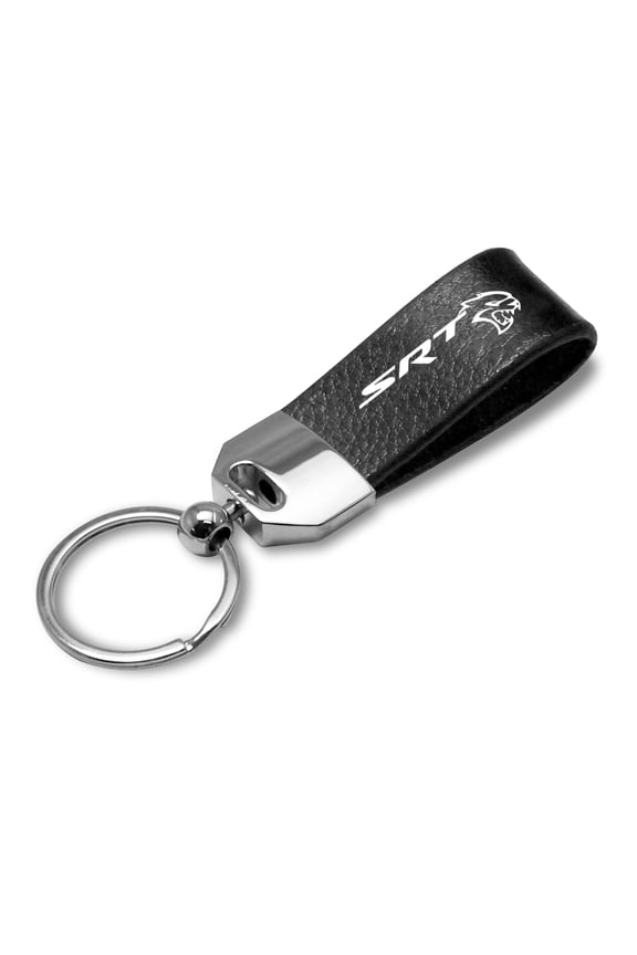 for Dodge SRT Hellcat Black Real Leather Loop Strap Chrome Metal Key Chain, Official Licensed