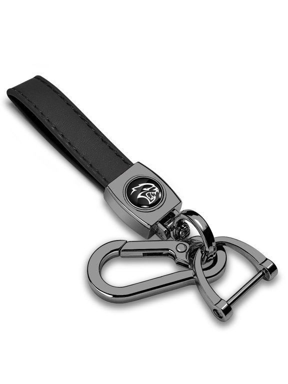 for Dodge SRT Hellcat Logo in Black on Black Leather Loop-Strap Dark Gunmetal Hook Key Chain, Official Licensed