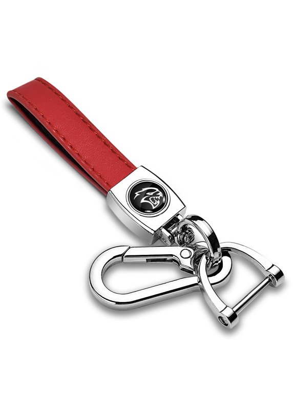 for Dodge SRT Hellcat Logo in Black on Genuine Red Leather Loop-Strap Chrome Hook Key Chain, Official Licensed