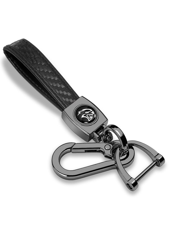 for Dodge SRT Hellcat Logo in Black on Real Carbon Fiber Loop-Strap Dark Gunmetal Hook Key Chain, Official Licensed