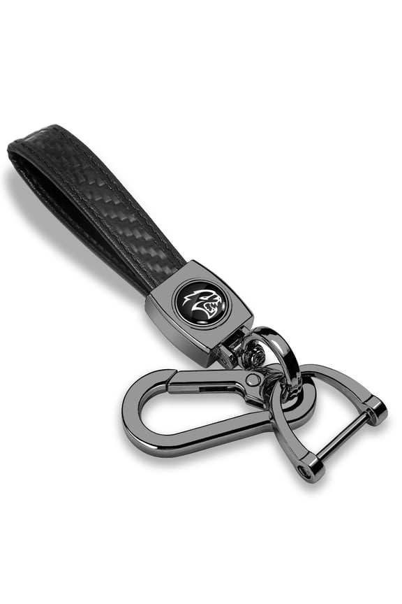 for Dodge SRT Hellcat Logo in Black on Real Carbon Fiber Loop-Strap Dark Gunmetal Hook Key Chain, Official Licensed