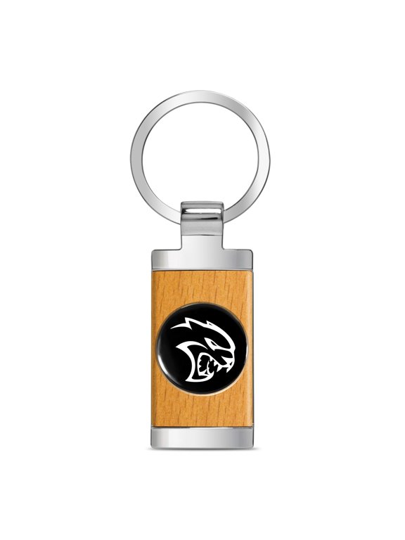 for Dodge SRT Hellcat Roundel Logo in Black on Maple Wood Chrome Metal Trim Key Chain, Official Licensed