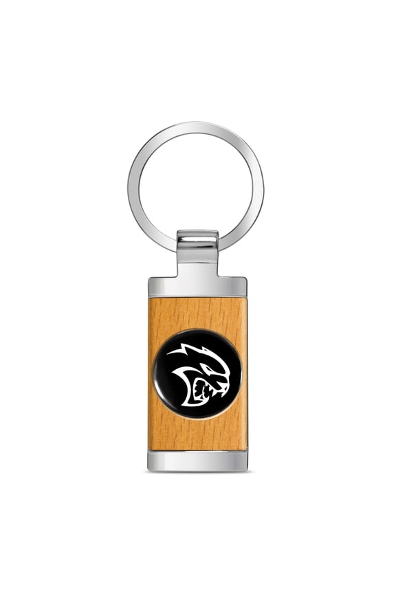 for Dodge SRT Hellcat Roundel Logo in Black on Maple Wood Chrome Metal Trim Key Chain, Official Licensed