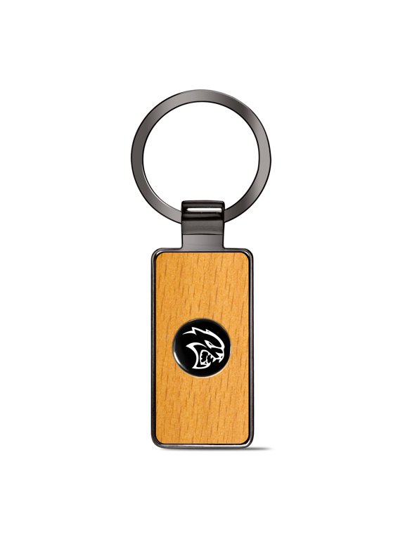 for Dodge SRT Hellcat Roundel Logo in Black on Maple Wood Gray Gunmetal Metal Case Key Chain, Official Licensed