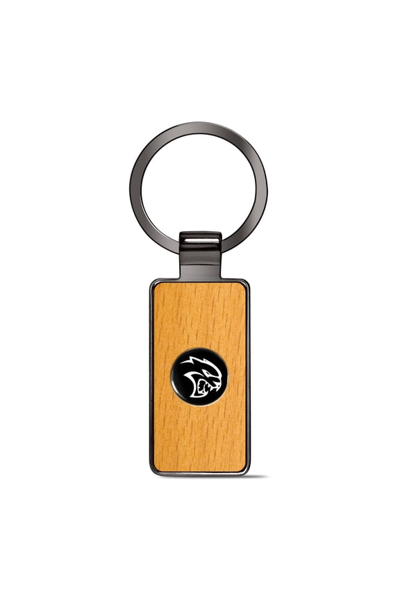 for Dodge SRT Hellcat Roundel Logo in Black on Maple Wood Gray Gunmetal Metal Case Key Chain, Official Licensed