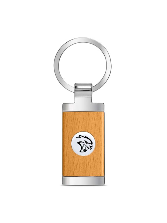 for Dodge SRT Hellcat Roundel Logo in White on Maple Wood Chrome Metal Trim Key Chain, Official Licensed