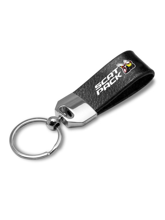 for Dodge Scat-Pack Black Real Leather Loop Strap Chrome Metal Key Chain, Official Licensed