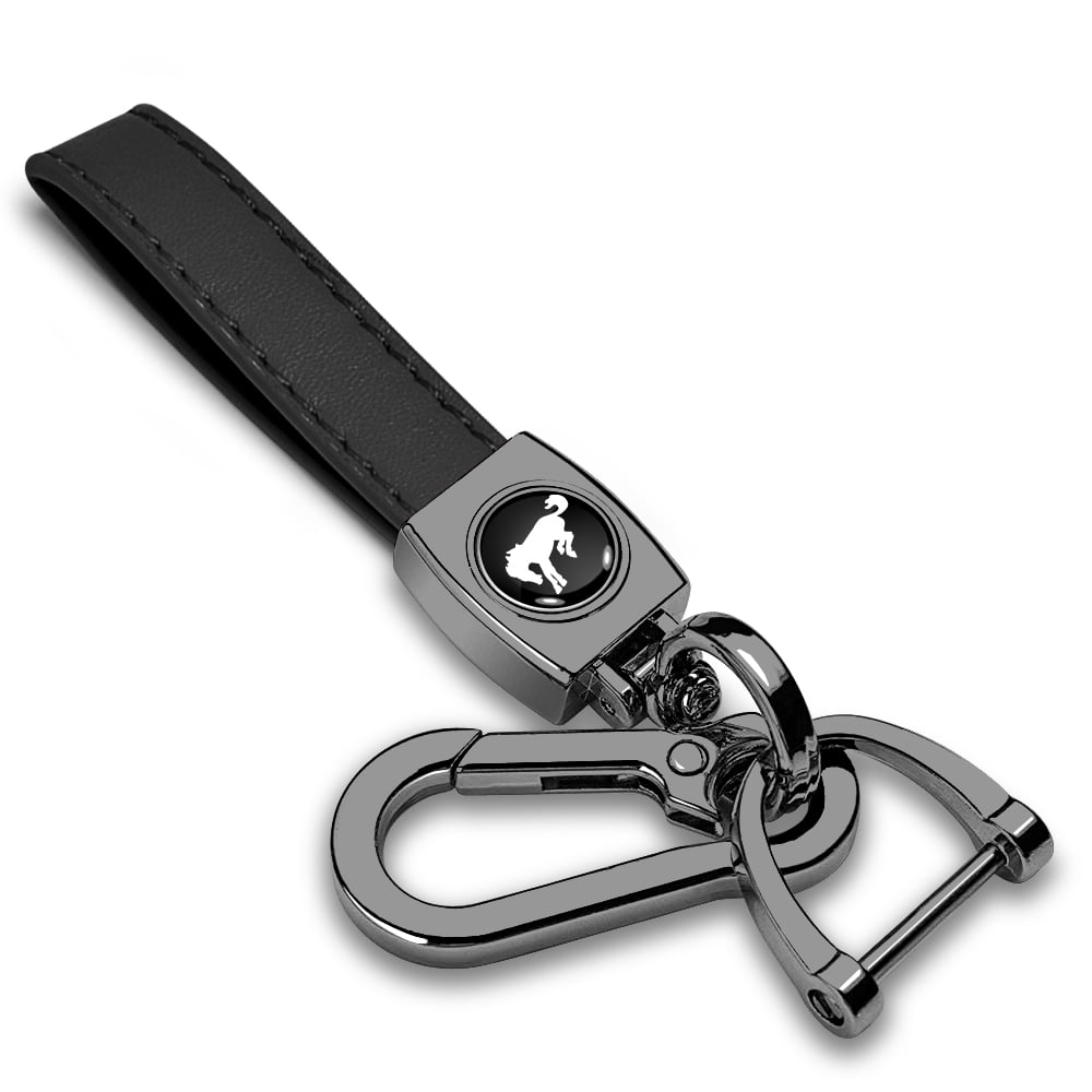 iPick Image for Ford Bronco Logo in Black on Black Leather Loop-Strap Dark Gunmetal Hook Key Chain, Official Licensed