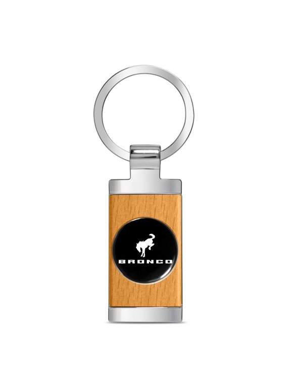 for Ford Bronco Roundel Logo in Black on Maple Wood Chrome Metal Trim Key Chain, Official Licensed