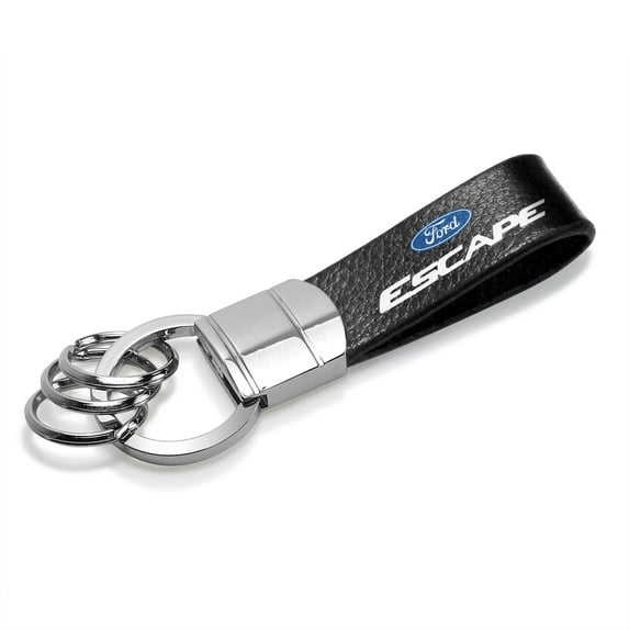 iPick Image for Ford Escape Black Real Leather Strap Chrome Round Hook Metal Key Chain, Official Licensed