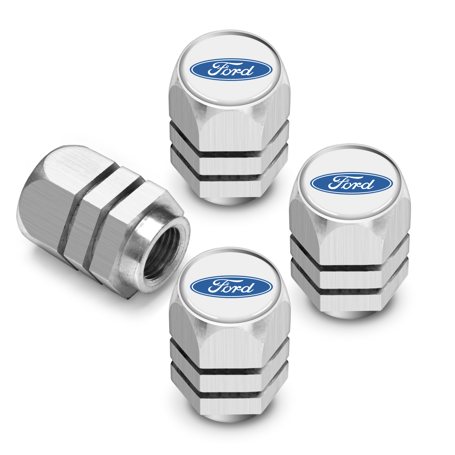 iPick Image for Ford Logo in White on Silver Chrome Hexagon Shape Aluminum Tire Valve Stem Caps, Official Licensed