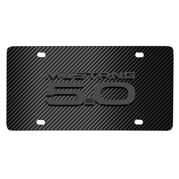 iPick Image for Ford Mustang 5.0 3D Dark Gray Logo on Black Carbon Fiber Pattern Stainless Steel License Plate, Official Licensed