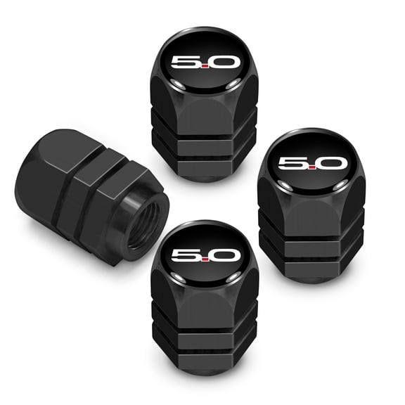 iPick Image for Ford Mustang 5.0 in Black on Black Hexagon Shape Aluminum Tire Valve Stem Caps, Official Licensed