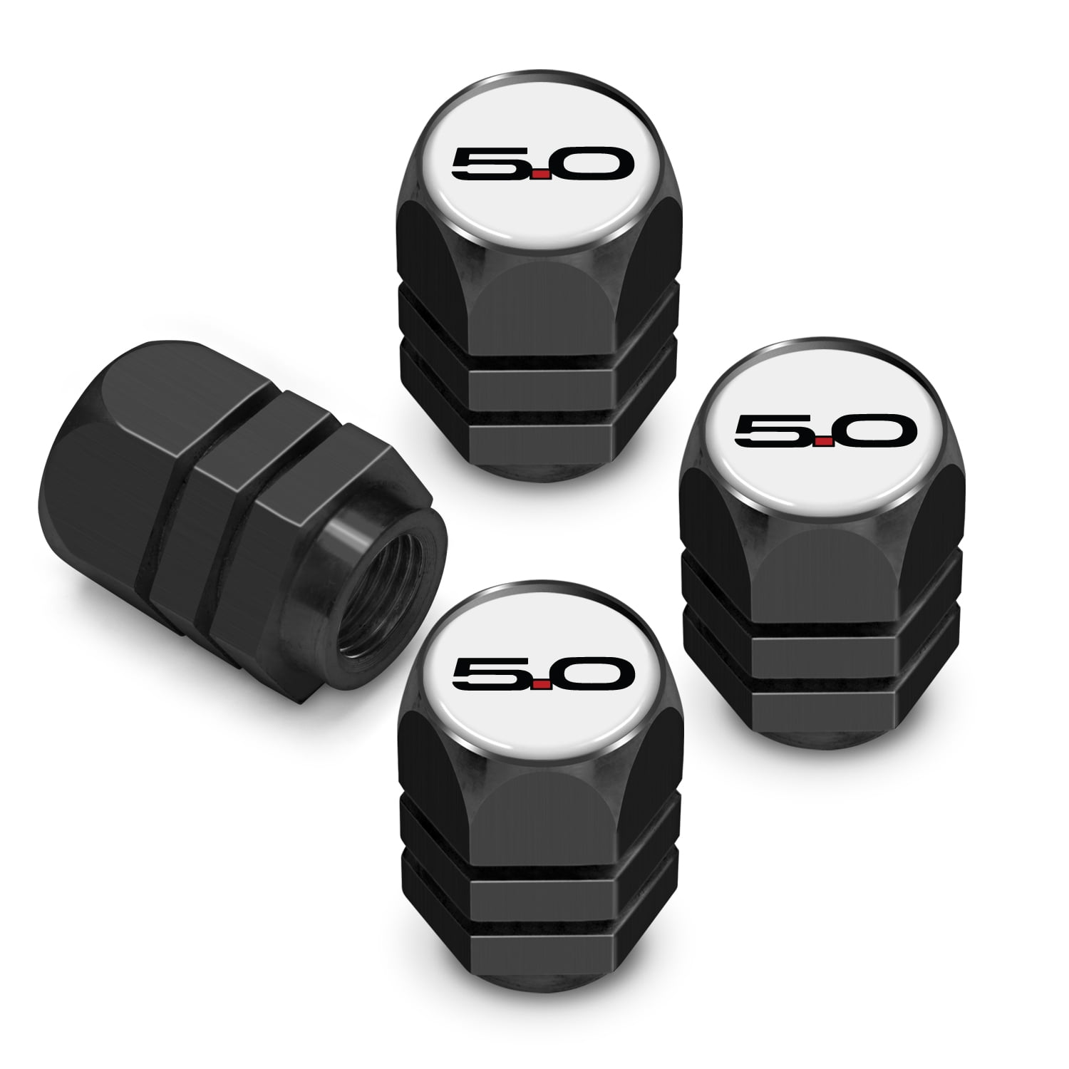 iPick Image for Ford Mustang 5.0 in White on Black Hexagon Shape Aluminum Tire Valve Stem Caps, Official Licensed