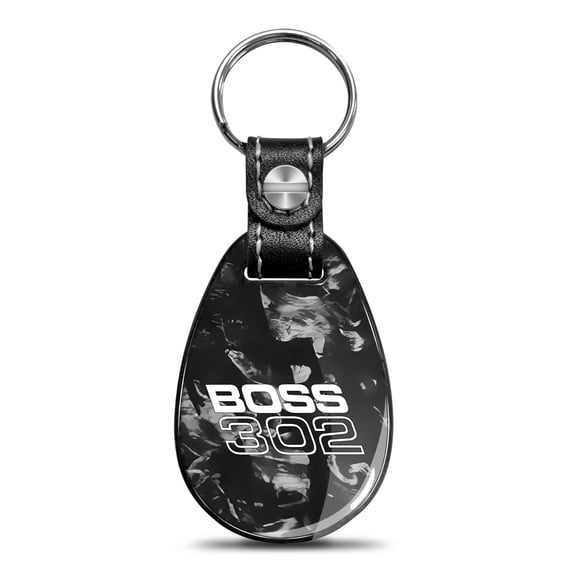 iPick Image for Ford Mustang Boss 302 LED Printed on Real Forged Carbon Fiber Tear-Drop Style Key Chain, Official Licensed