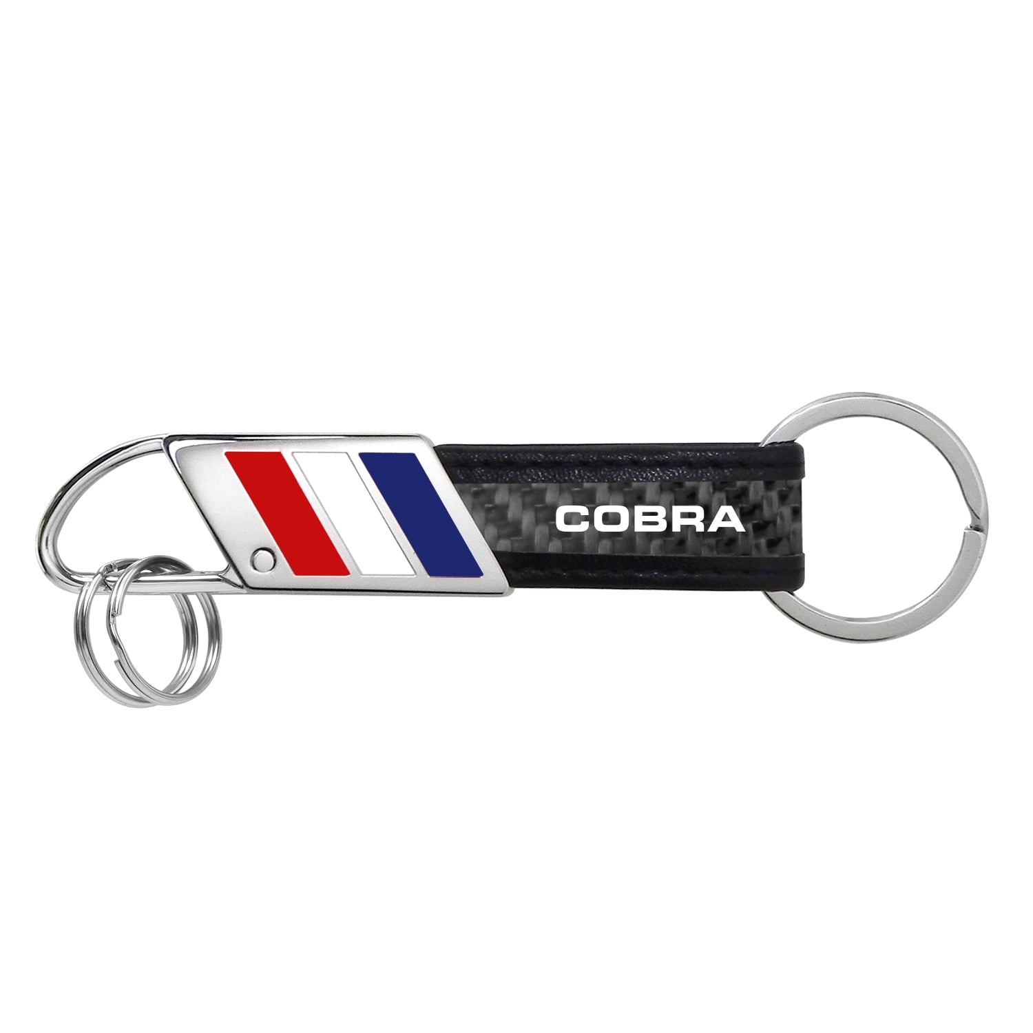 iPick Image for Ford Mustang Cobra Real Carbon Fiber Leather Key Chain with Red White Blue, Official Licensed